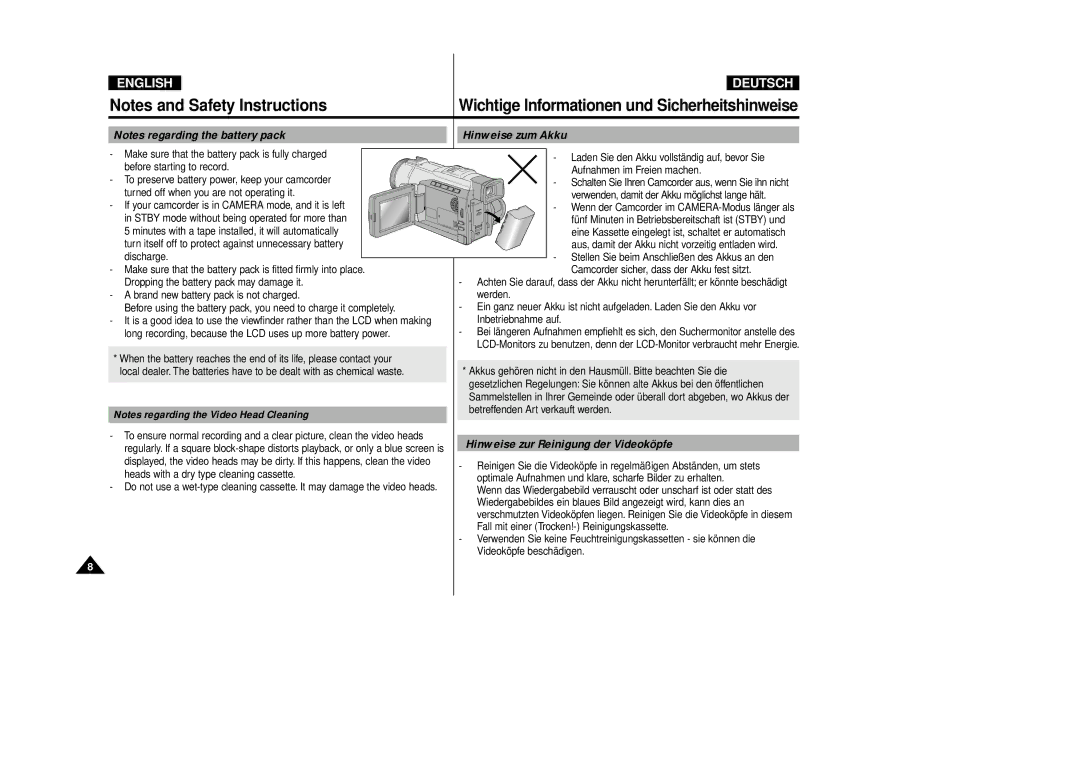 Samsung VP-D80/D81, VP-D80i/D81i manual Hinweise zum Akku, Hinweise zur Reinigung der Videoköpfe 