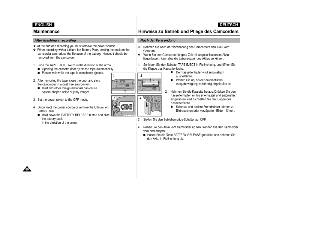 Samsung VP-D80/D81, VP-D80i/D81i manual After finishing a recording Nach der Verwendung, Kassettenfachs 