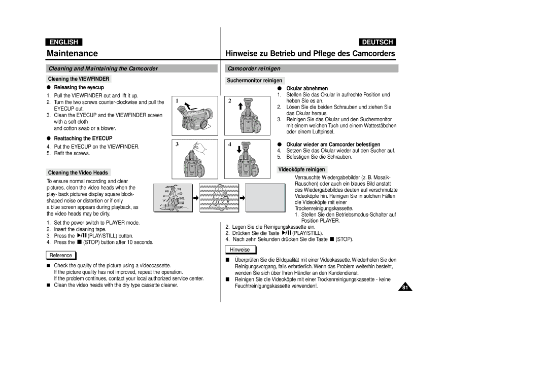 Samsung VP-D80i/D81i, VP-D80/D81 manual Cleaning and Maintaining the Camcorder Camcorder reinigen 