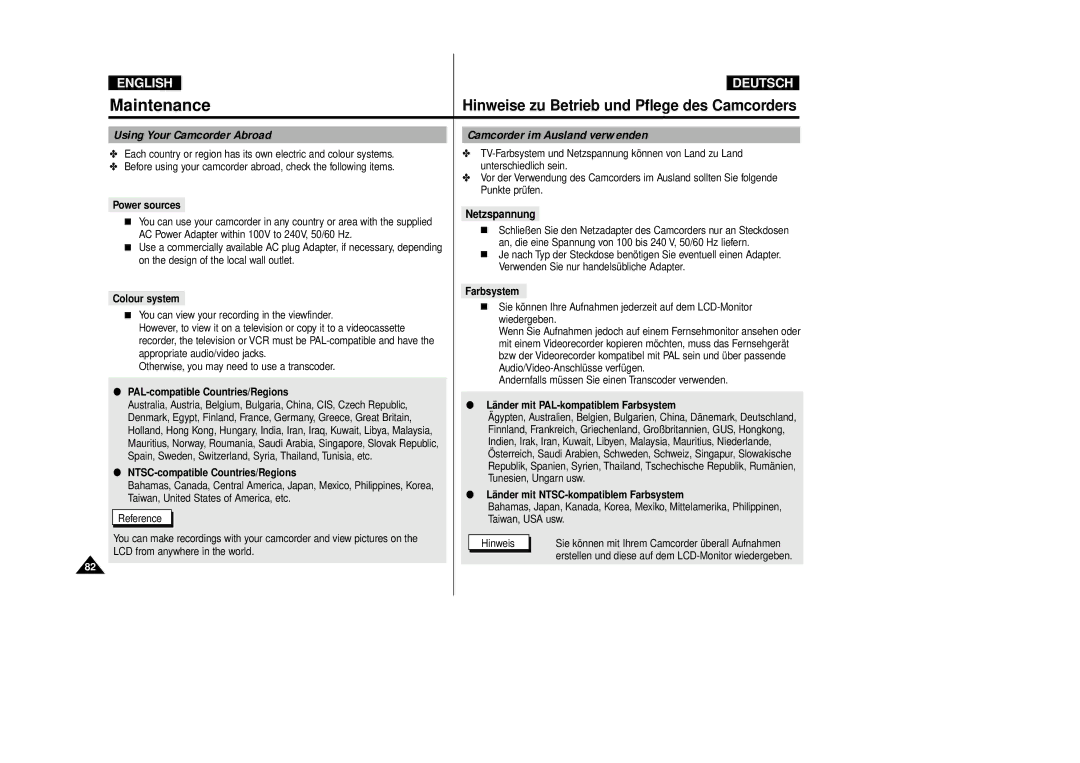 Samsung VP-D80/D81, VP-D80i/D81i manual Using Your Camcorder Abroad, Camcorder im Ausland verwenden, Netzspannung 