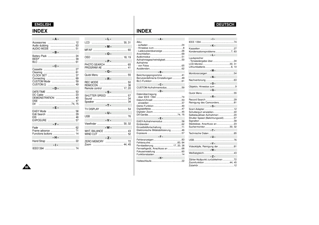 Samsung VP-D80/D81, VP-D80i/D81i manual Index 