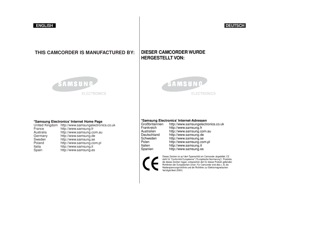 Samsung VP-D80i/D81i, VP-D80/D81 manual Samsung Electronics’ Internet Home, Samsung Electronics’ Internet-Adressen 