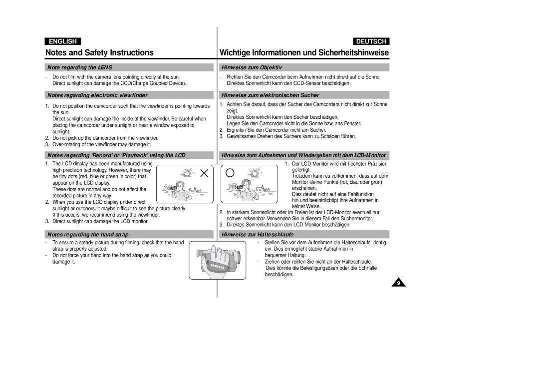 Samsung VP-D80i/D81i, VP-D80/D81 Hinweise zum Objektiv, Hinweise zum elektronischen Sucher, Hinweise zur Halteschlaufe 