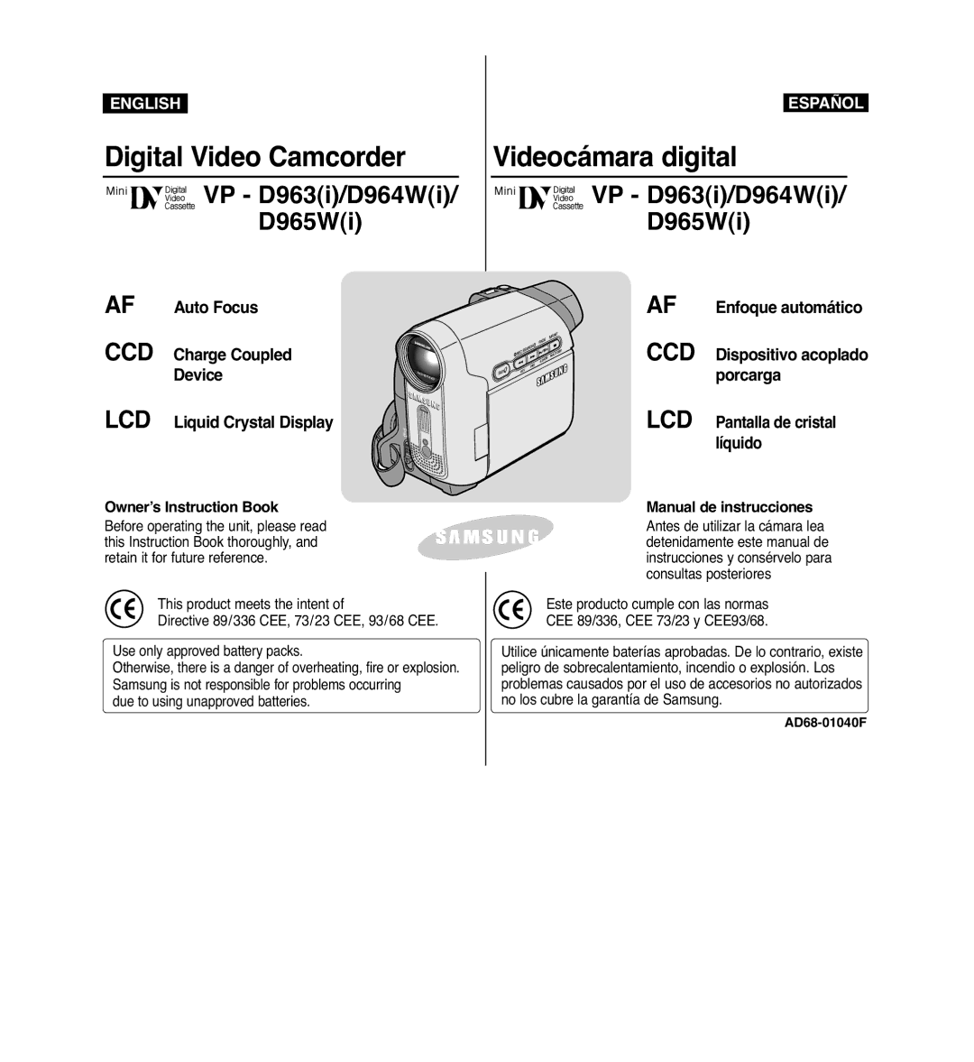 Samsung VP-D963i manual Digital Video Camcorder Videocámara digital, AD68-01040F 