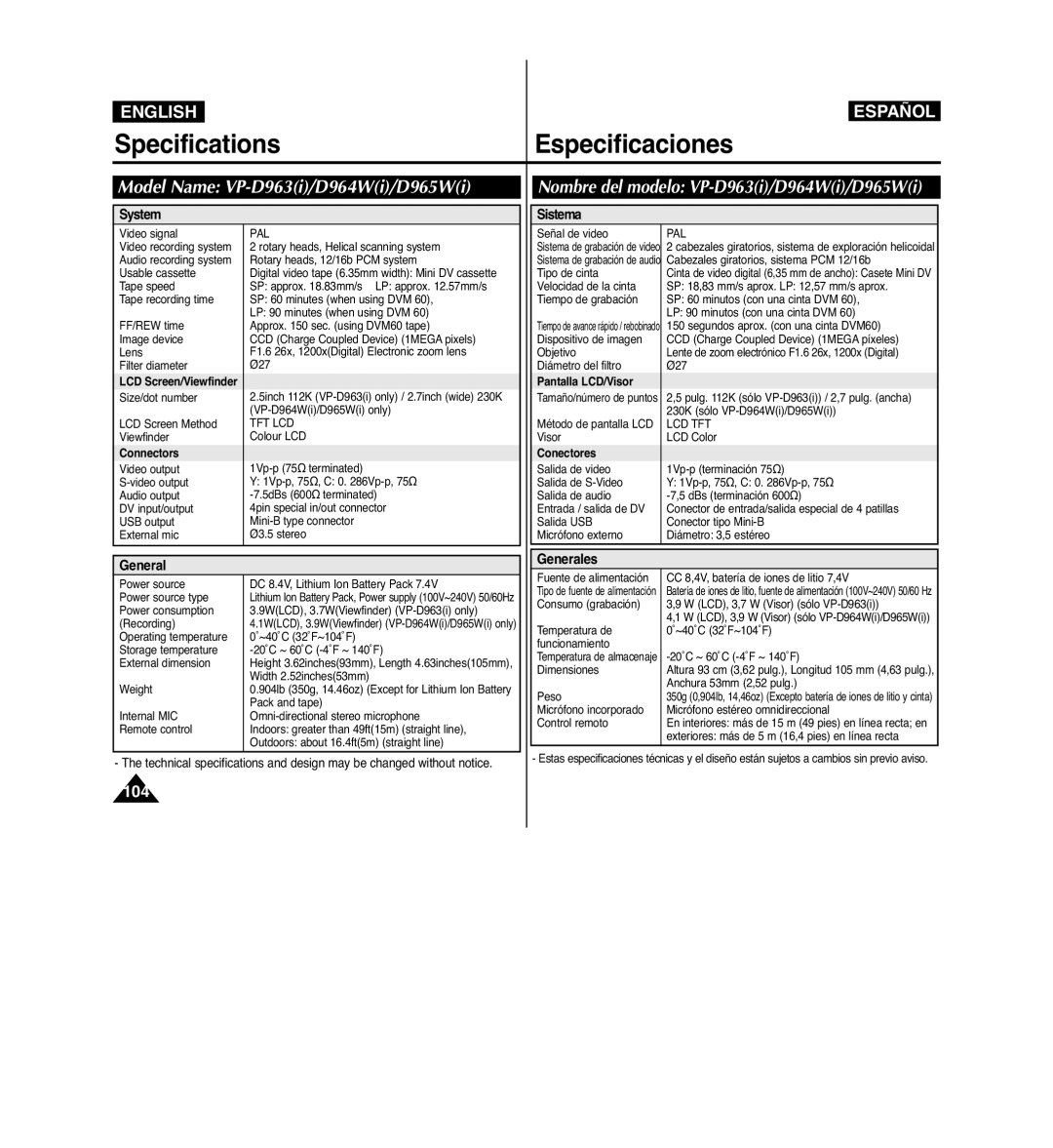 Samsung SpecificationsEspecificaciones, Model Name VP-D963i/D964Wi/D965Wi, Nombre del modelo VP-D963i/D964Wi/D965Wi 