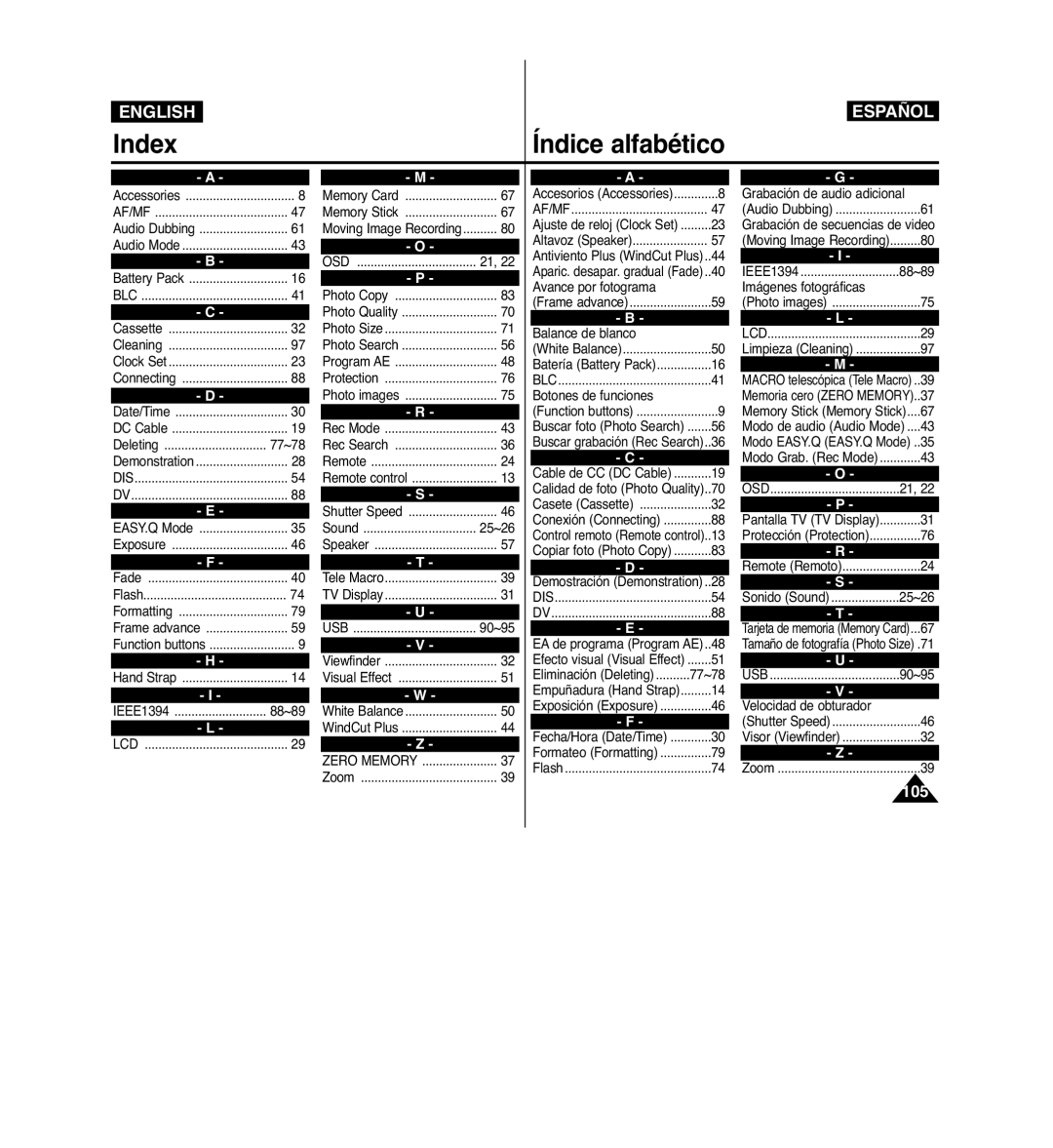 Samsung VP-D963i manual Index Índice alfabético 