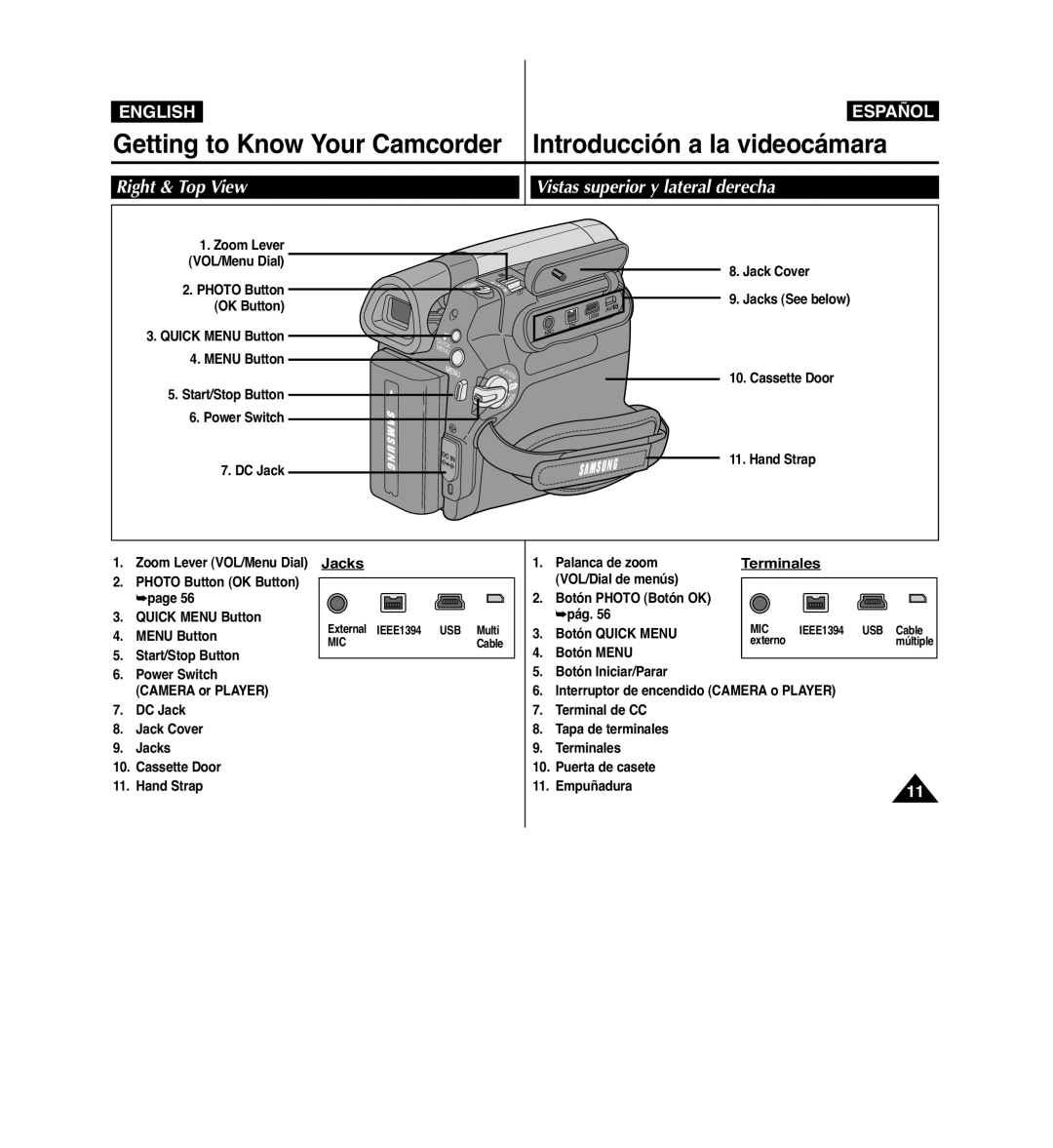 Samsung VP-D963i manual Getting to Know Your Camcorder, Introducción a la videocámara, Right & Top View 