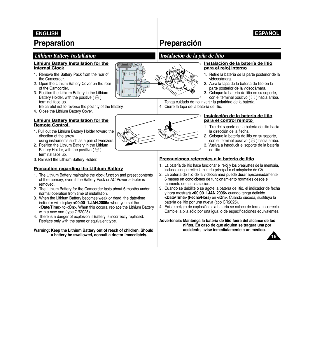 Samsung VP-D963i manual Lithium Battery Installation, Instalación de la pila de litio 