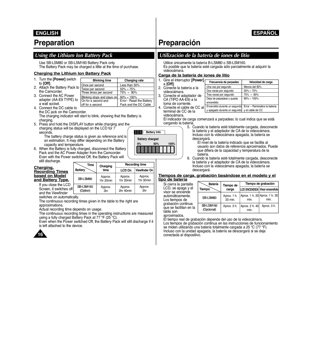 Samsung VP-D963i manual Using the Lithium Ion Battery Pack, Utilización de la batería de iones de litio 