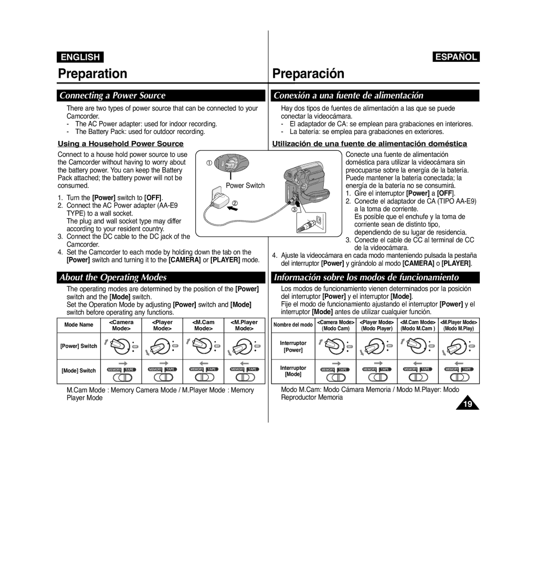 Samsung VP-D963i manual Connecting a Power Source, About the Operating Modes, Información sobre los modos de funcionamiento 