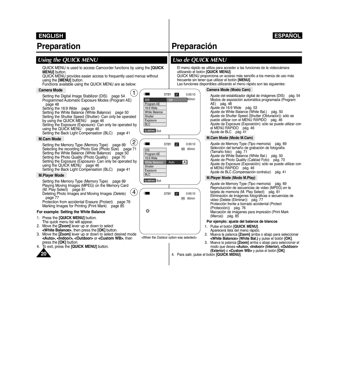 Samsung VP-D963i manual Using the Quick Menu, Uso de Quick Menu 