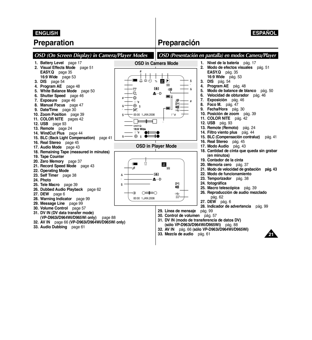 Samsung VP-D963i manual Preparation Preparación, OSD On Screen Display in Camera/Player Modes, OSD in Camera Mode 