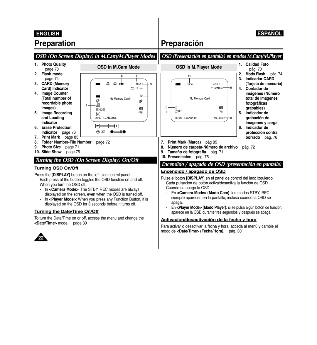 Samsung VP-D963i manual Turning the OSD On Screen Display On/Off, OSD On Screen Display in M.Cam/M.Player Modes 