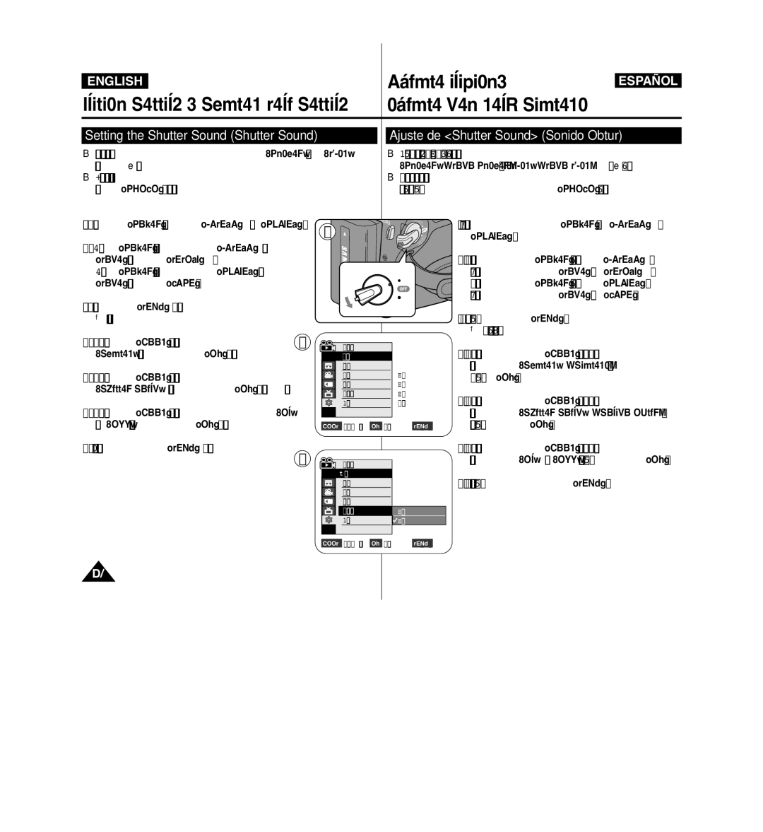 Samsung VP-D963i Setting the Shutter Sound Shutter Sound, Ajuste de Shutter Sound Sonido Obtur, Mode switch to Memory 