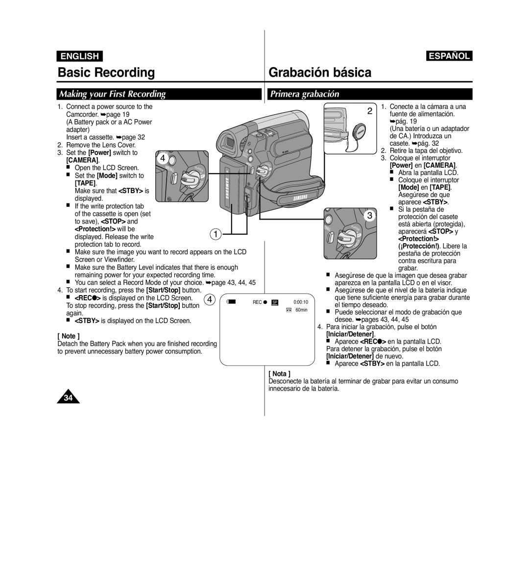 Samsung VP-D963i manual Making your First Recording Primera grabación 