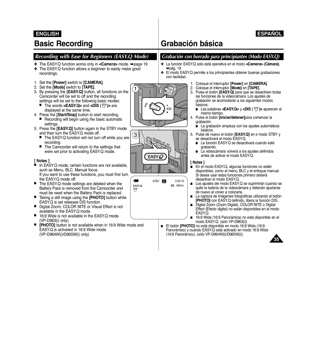 Samsung VP-D963i manual Recording with Ease for Beginners EASY.Q Mode, Grabación con borrado para principiantes Modo EASY.Q 