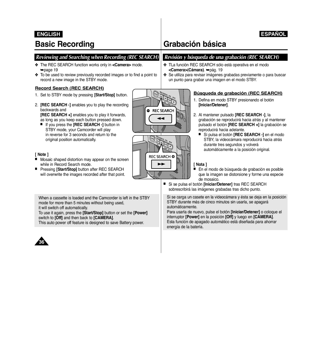 Samsung VP-D963i manual Revisión y búsqueda de una grabación REC Search, Record Search REC Search 