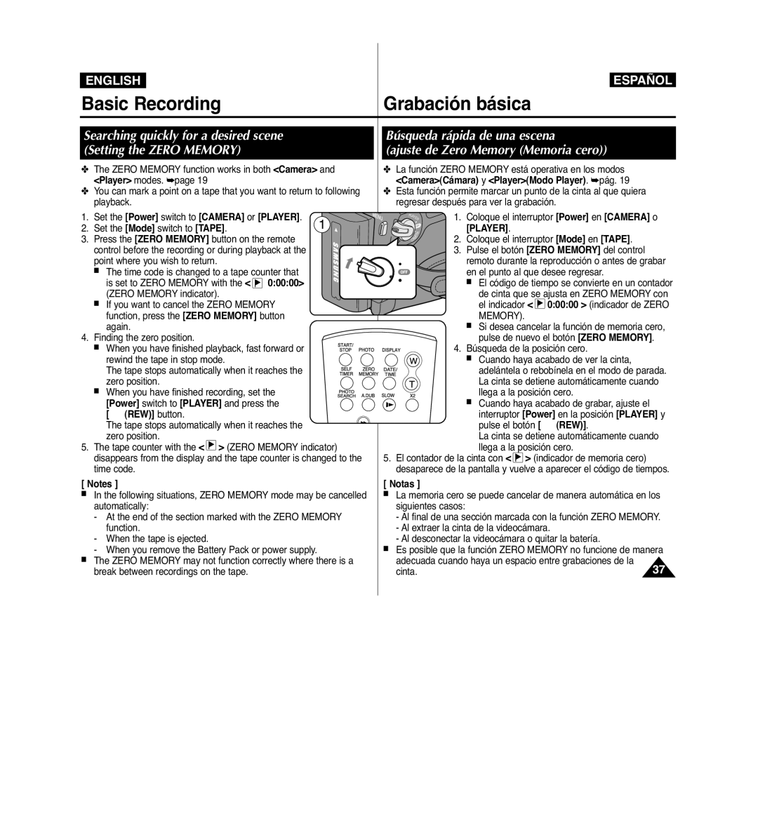 Samsung VP-D963i manual Ajuste de Zero Memory Memoria cero, 00000 