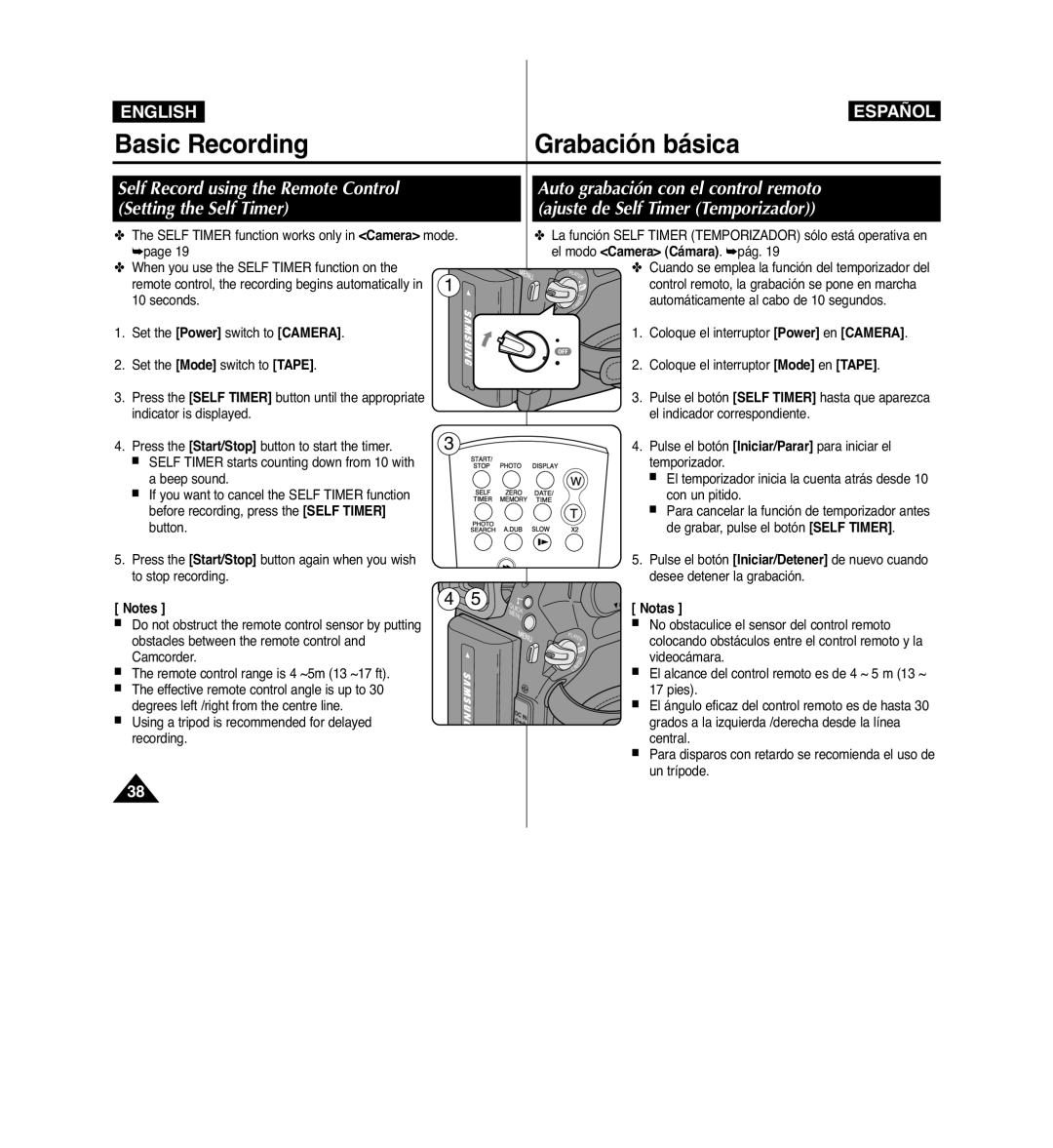 Samsung VP-D963i manual Basic Recording, Self Record using the Remote Control Setting the Self Timer 