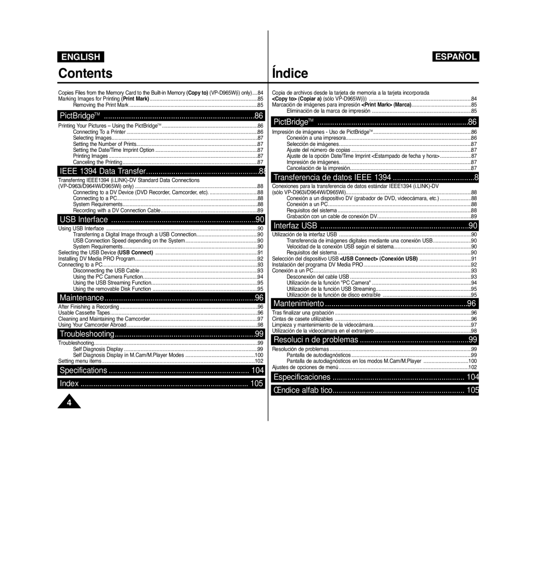 Samsung VP-D963i PictBridgeTM, Ieee 1394 Data Transfer, USB Interface, Maintenance, Troubleshooting, Specifications, Index 