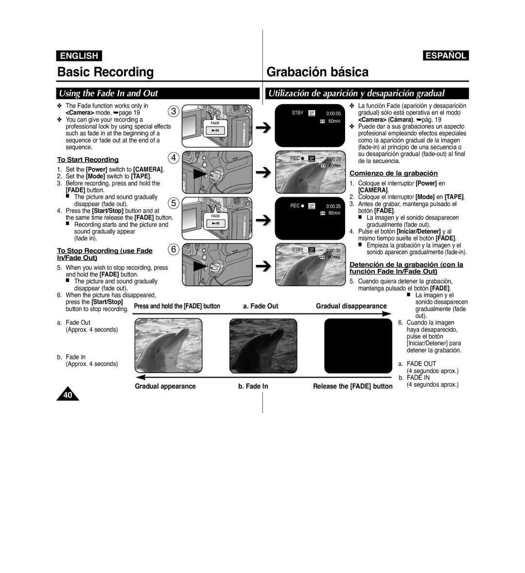 Samsung VP-D963i manual To Start Recording, Comienzo de la grabación, In/Fade Out, To Stop Recording use Fade 