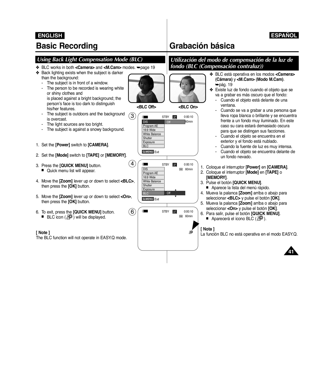 Samsung VP-D963i manual Using Back Light Compensation Mode BLC, Fondo BLC Compensación contraluz 