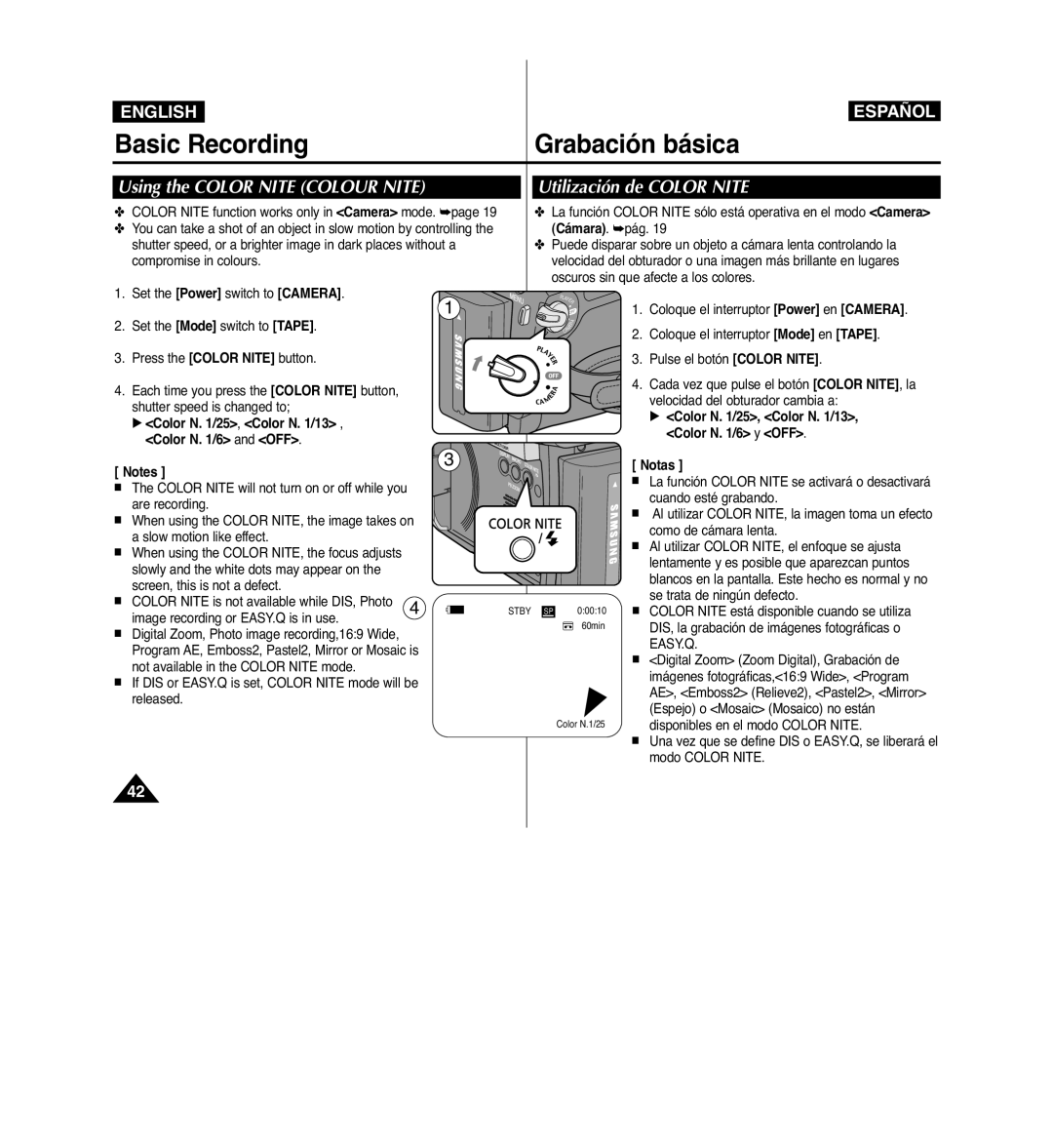 Samsung VP-D963i manual Basic Recording, Utilización de Color Nite 