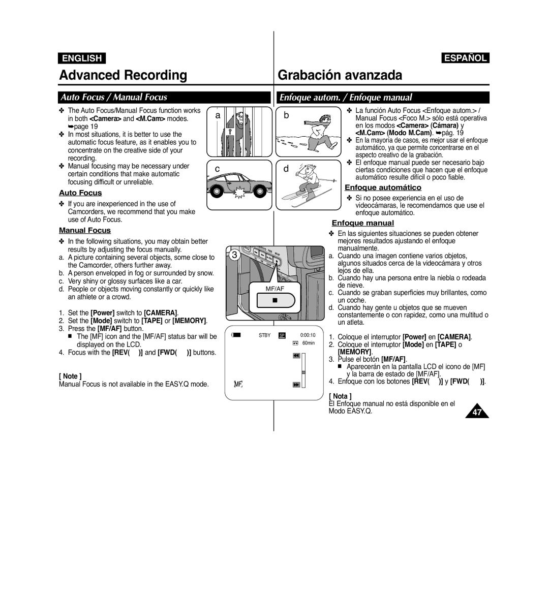 Samsung VP-D963i Auto Focus / Manual Focus, Enfoque autom. / Enfoque manual 