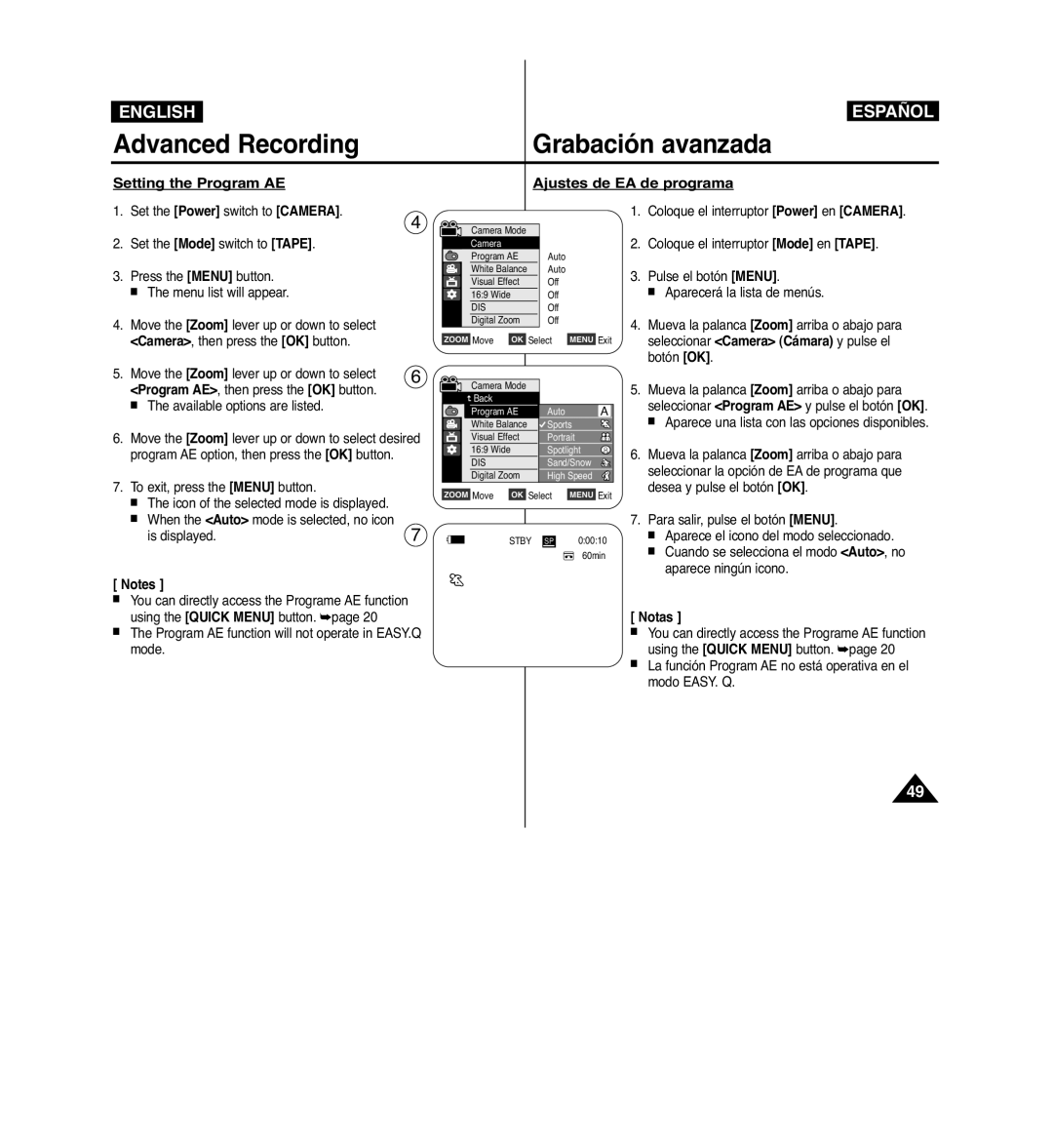 Samsung VP-D963i manual Setting the Program AE, Ajustes de EA de programa 