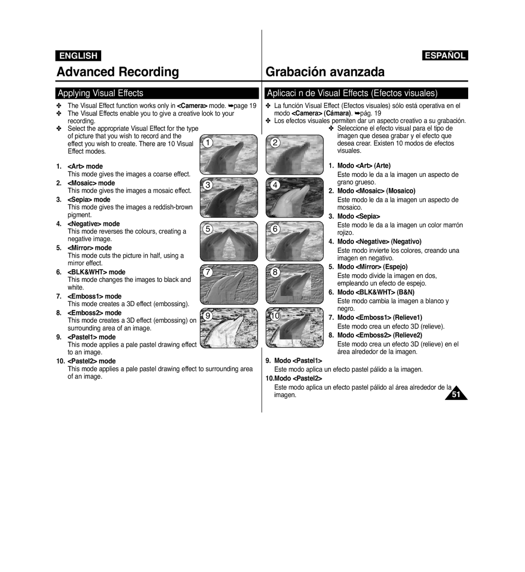 Samsung VP-D963i manual Applying Visual Effects, Aplicación de Visual Effects Efectos visuales 