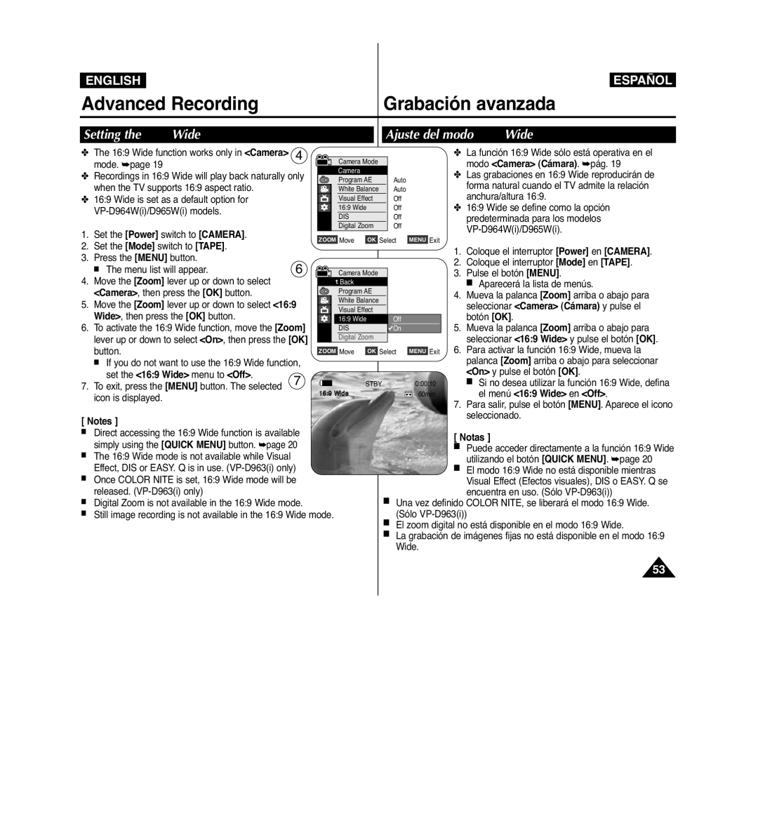 Samsung VP-D963i manual Setting the 169 Wide, Ajuste del modo 169 Wide 