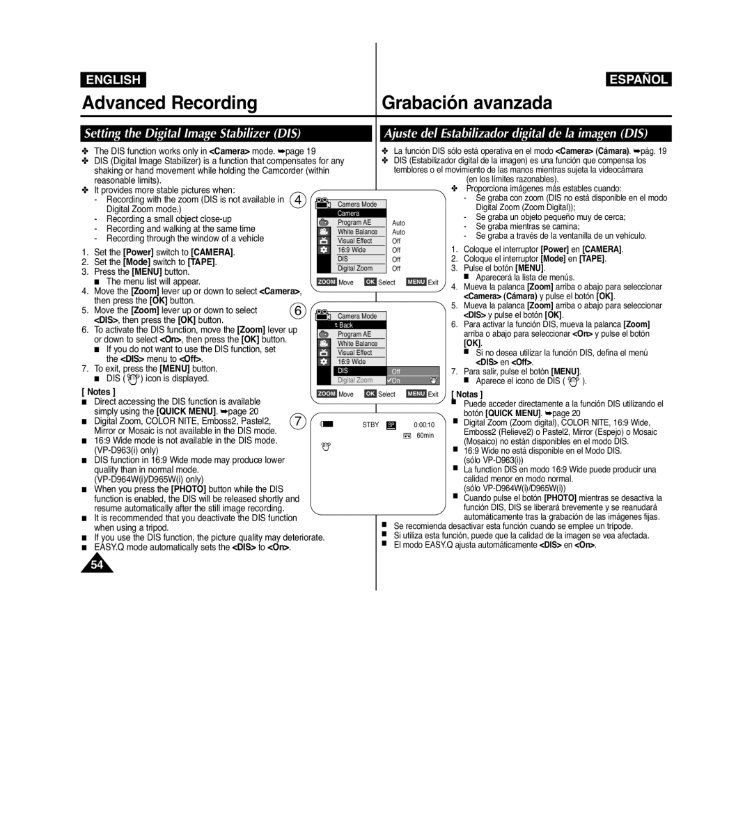 Samsung VP-D963i manual Camera Cámara y pulse el botón OK, DIS en Off 