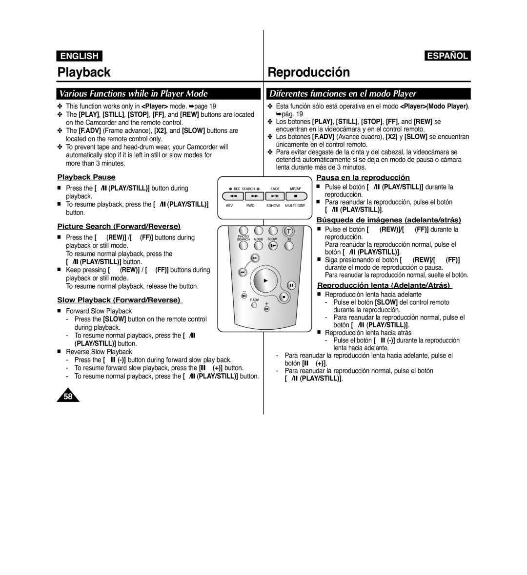 Samsung VP-D963i manual Various Functions while in Player Mode, Diferentes funciones en el modo Player 