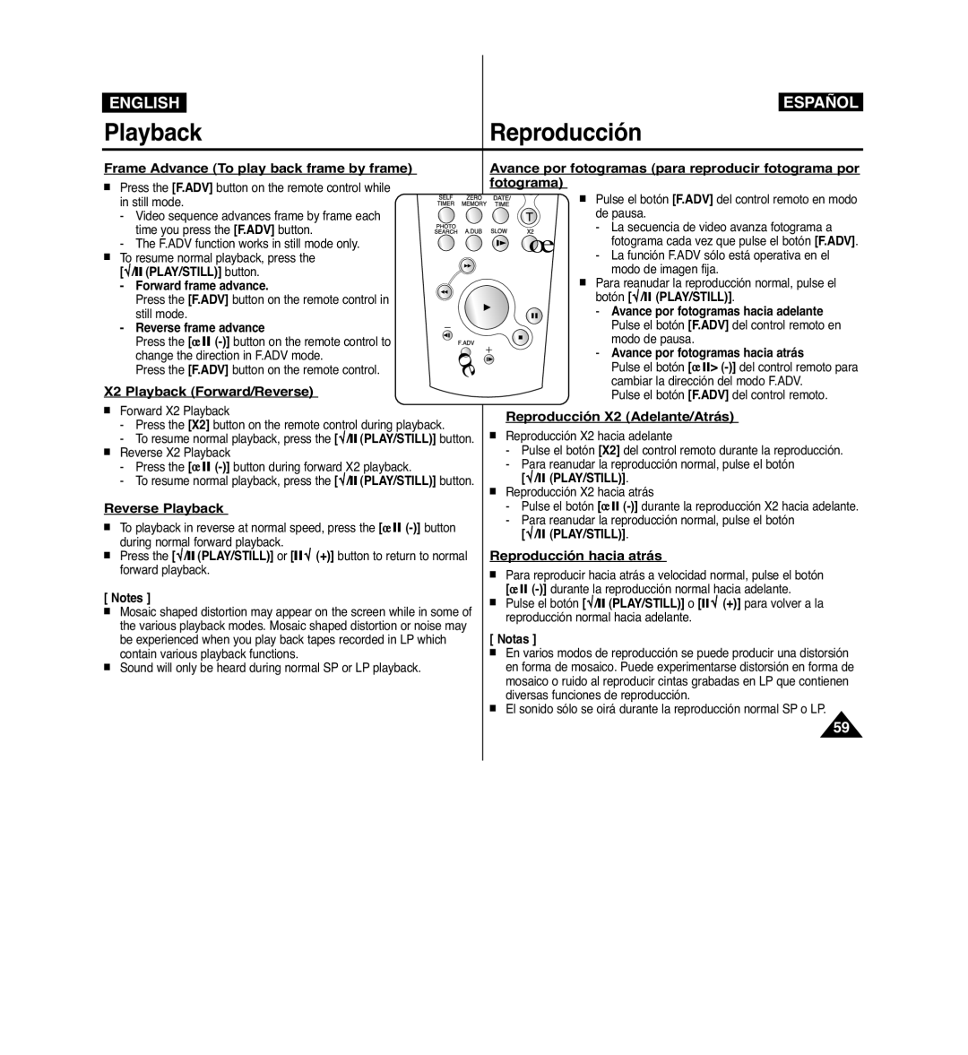 Samsung VP-D963i manual Frame Advance To play back frame by frame, X2 Playback Forward/Reverse, Reverse Playback 