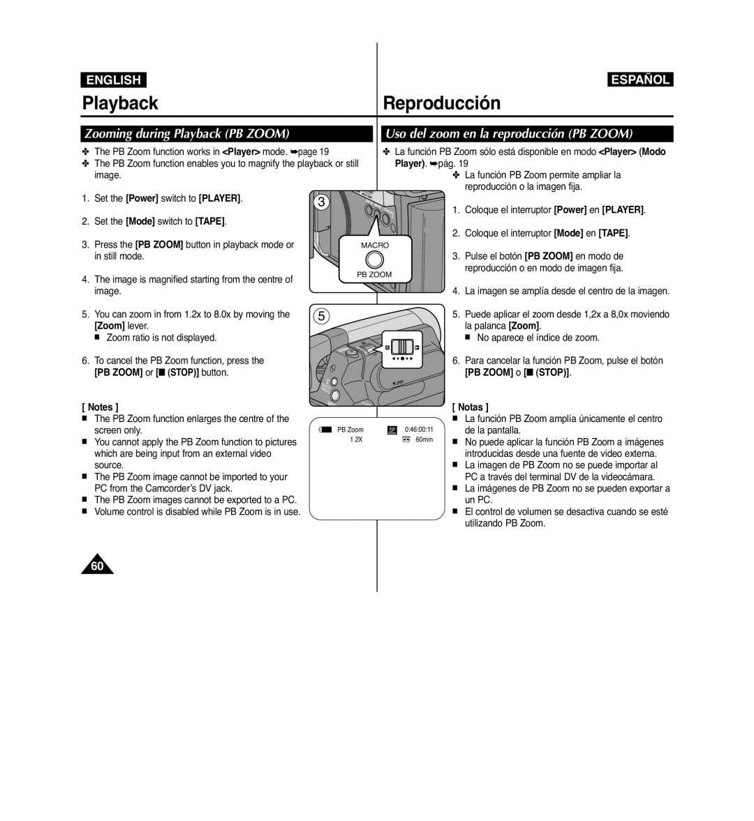 Samsung VP-D963i manual Playback Reproducción, Uso del zoom en la reproducción PB Zoom, Zooming during Playback PB Zoom 