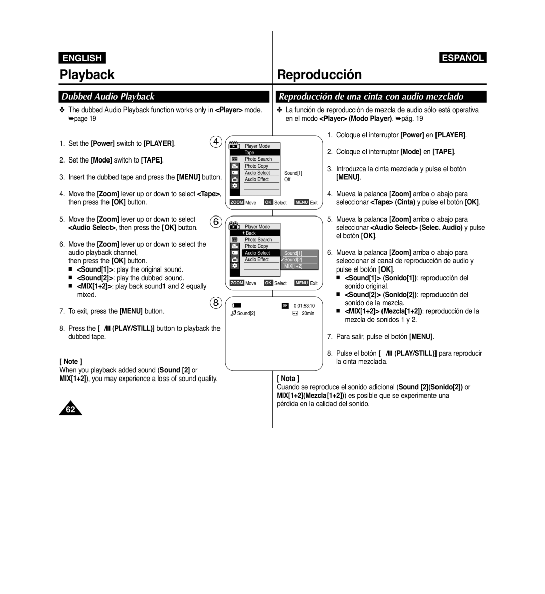 Samsung VP-D963i manual En el modo Player Modo Player. pág, Menu, Seleccionar Audio Select Selec. Audio y pulse 