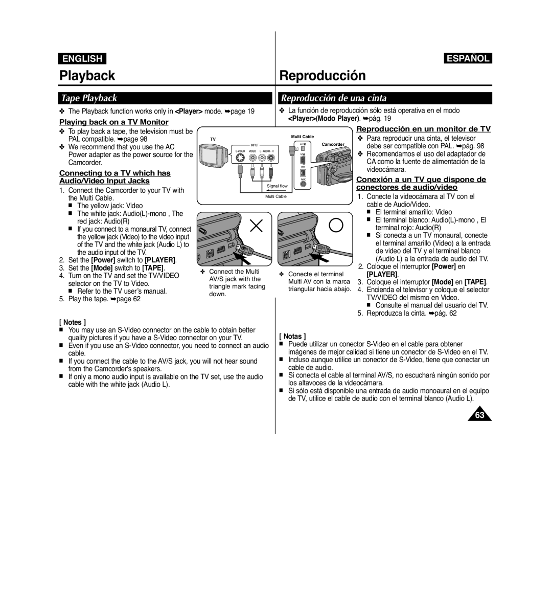 Samsung VP-D963i manual Tape Playback, Reproducción de una cinta 