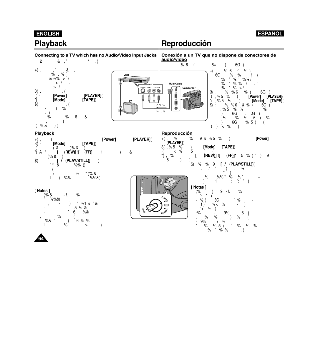 Samsung VP-D963i manual Playback, Reproducción, Connecting to a TV which has no Audio/Video Input Jacks 