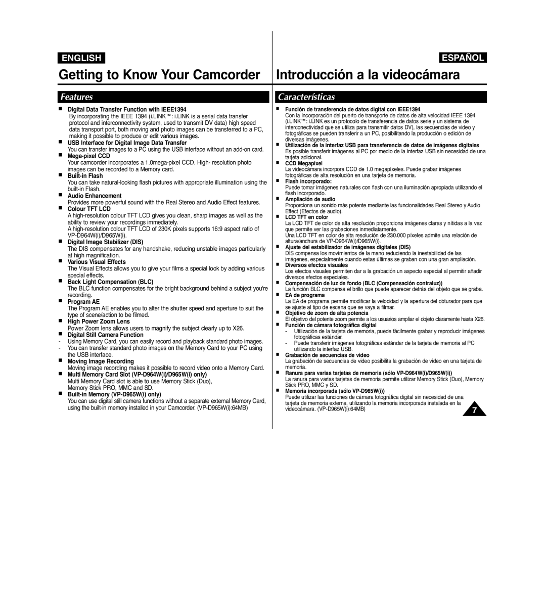 Samsung VP-D963i manual Features, Características 