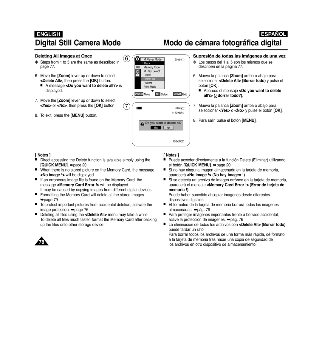 Samsung VP-D963i manual Deleting All Images at Once, Supresión de todas las imágenes de una vez, Do you want to delete all? 