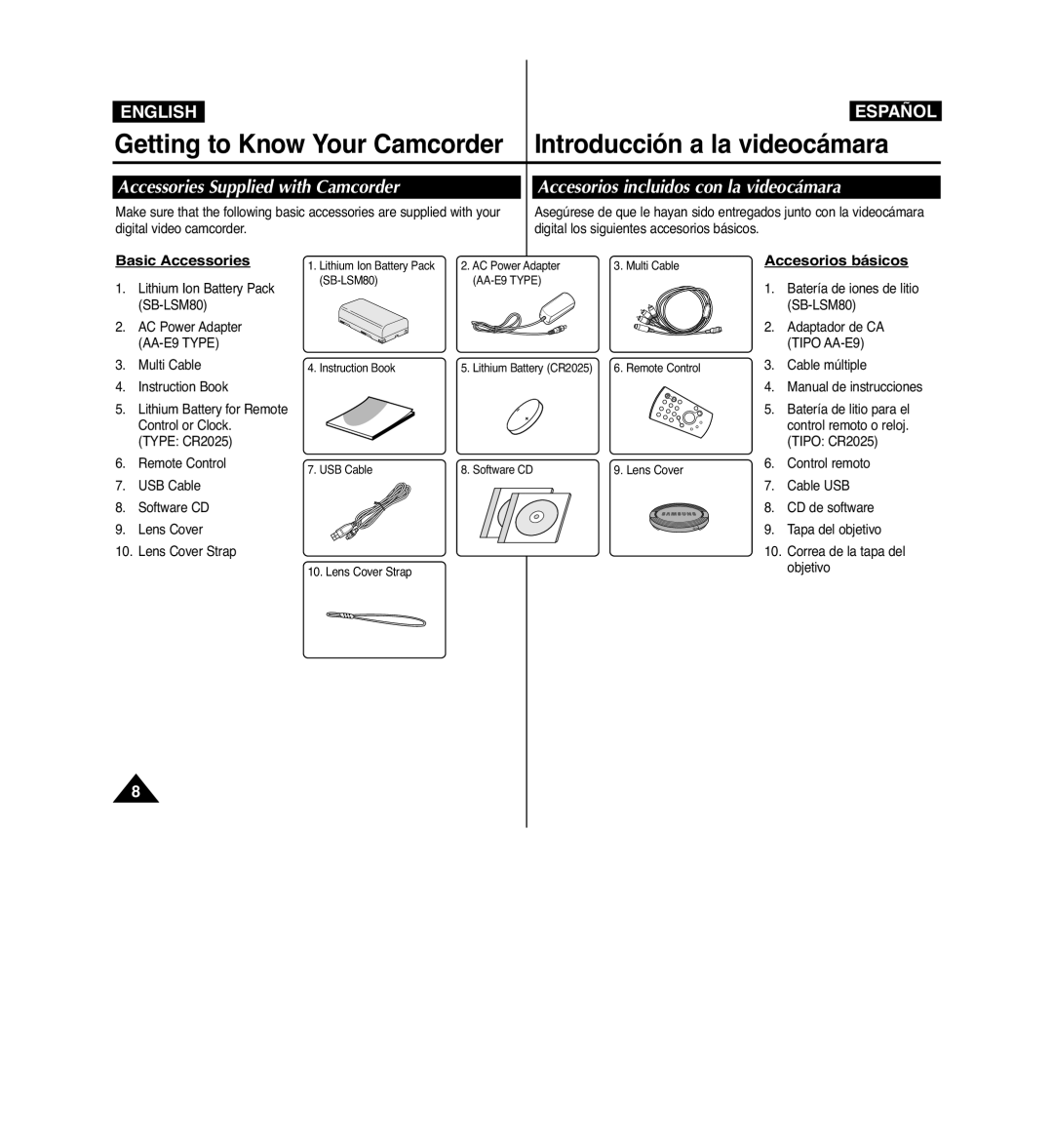 Samsung VP-D963i manual Basic Accessories, Accesorios básicos, Instruction Book Lithium Battery CR2025 