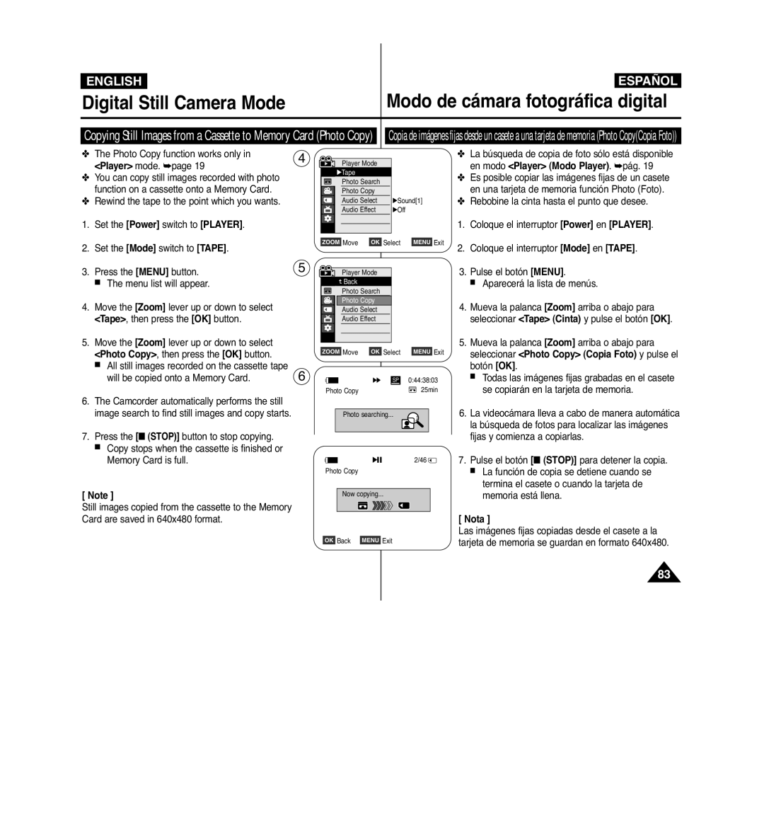 Samsung VP-D963i manual Seleccionar Photo Copy Copia Foto y pulse el, Nota 