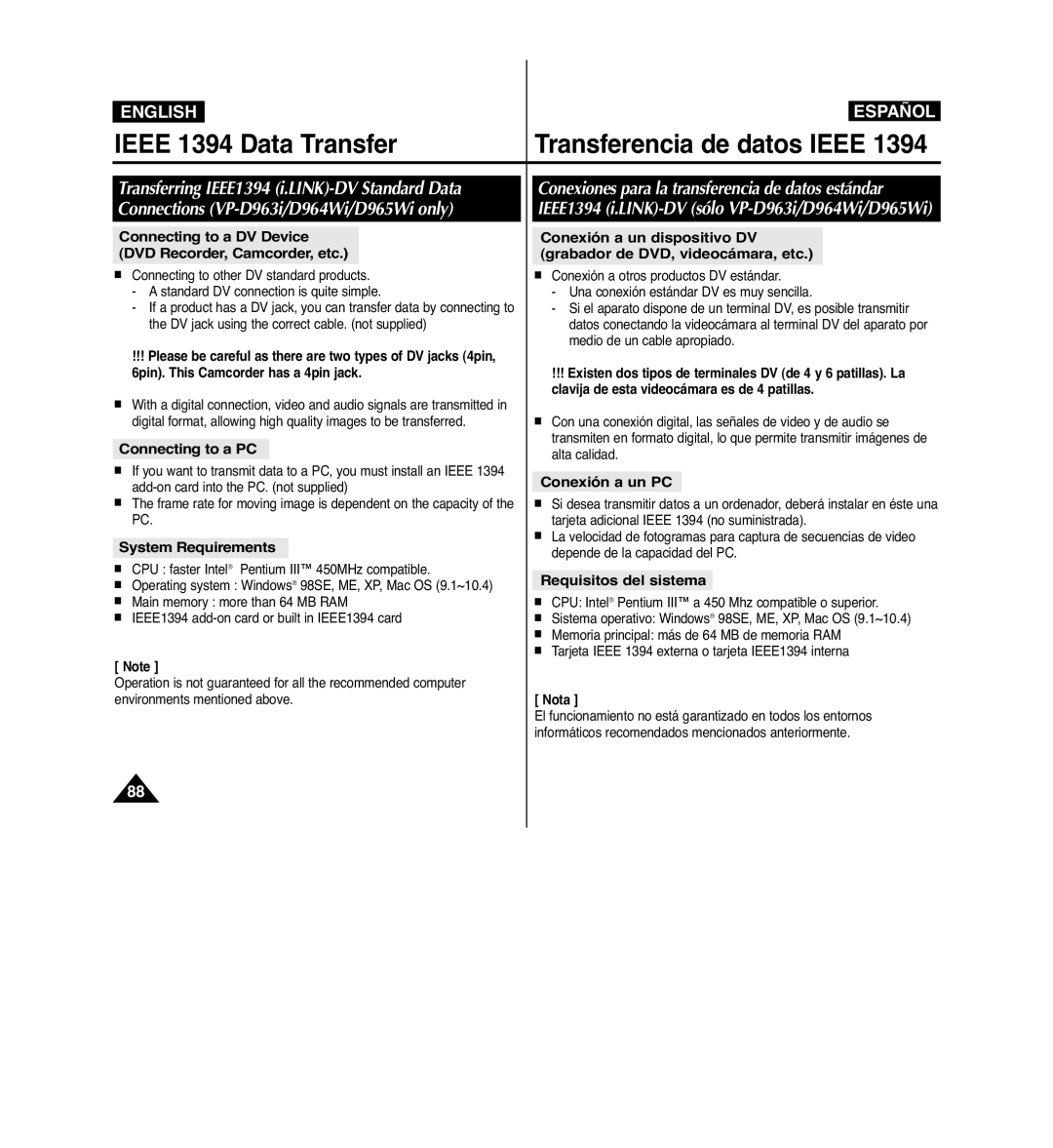 Samsung VP-D963i manual Ieee 1394 Data Transfer Transferencia de datos Ieee, Connecting to a PC, System Requirements 