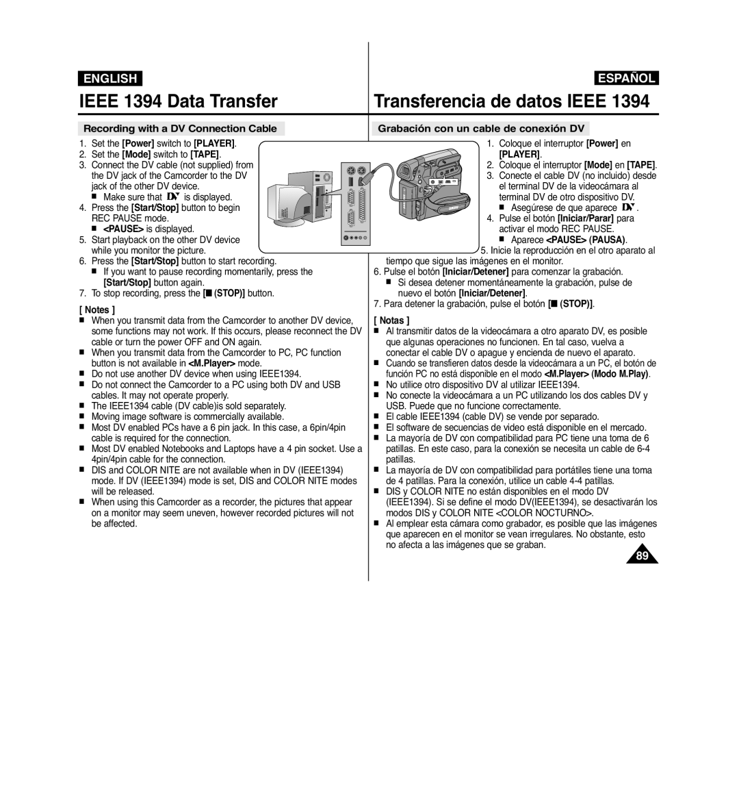 Samsung VP-D963i Ieee 1394 Data Transfer, Recording with a DV Connection Cable, Grabación con un cable de conexión DV 