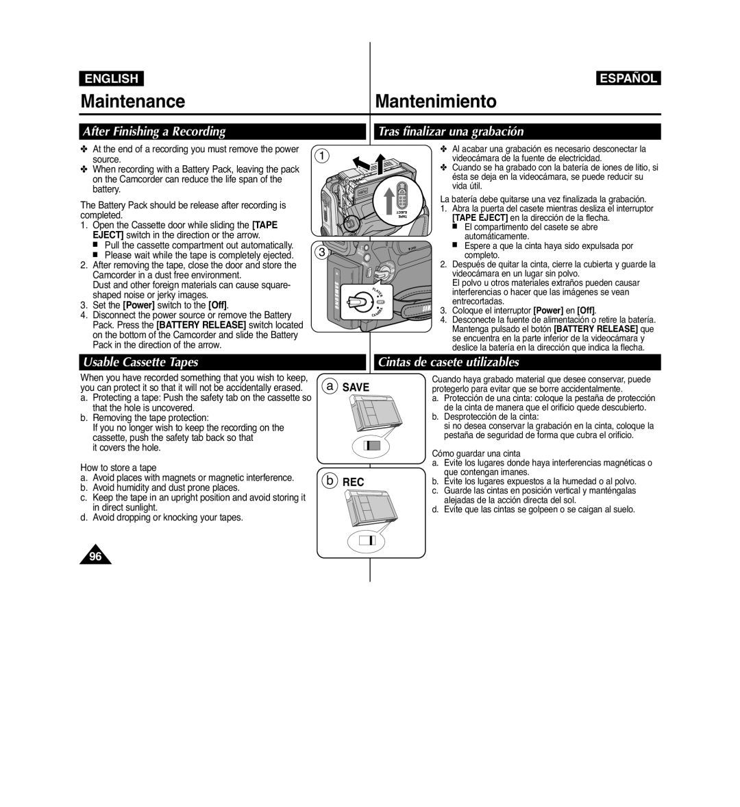 Samsung VP-D963i MaintenanceMantenimiento, After Finishing a Recording Tras finalizar una grabación, Usable Cassette Tapes 