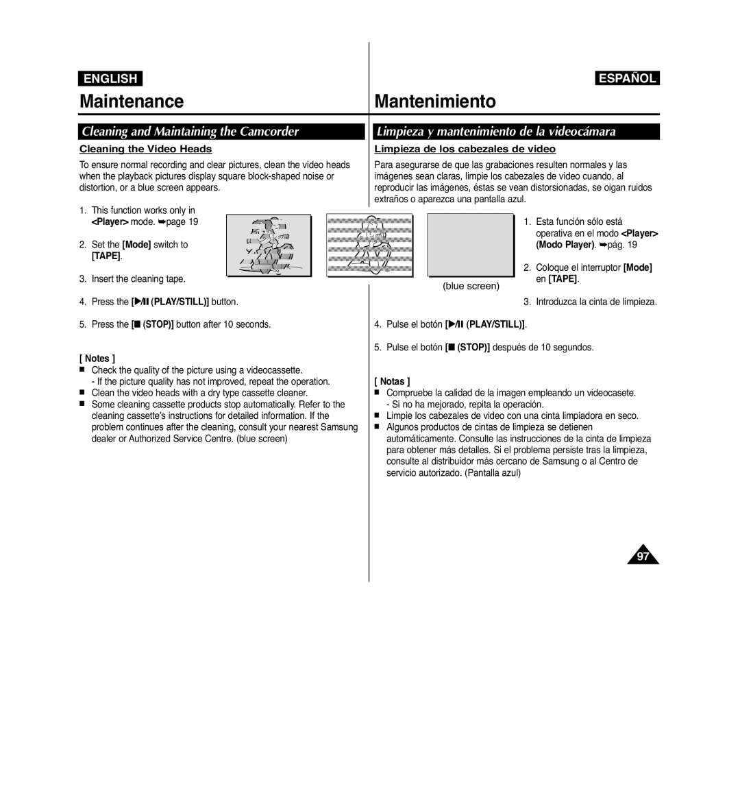 Samsung VP-D963i manual Cleaning and Maintaining the Camcorder, Limpieza y mantenimiento de la videocámara, En Tape 