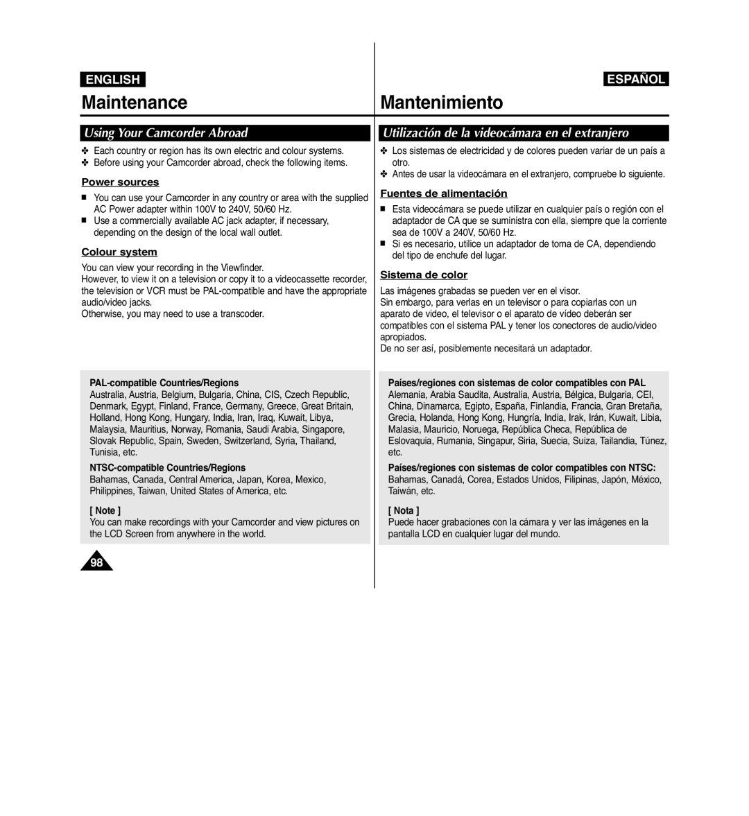 Samsung VP-D963i manual Using Your Camcorder Abroad, Utilización de la videocámara en el extranjero 