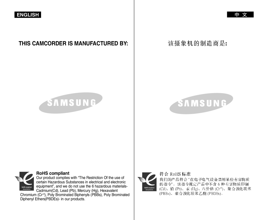 Samsung VP-D964Wi manual This Camcorder is Manufactured by 