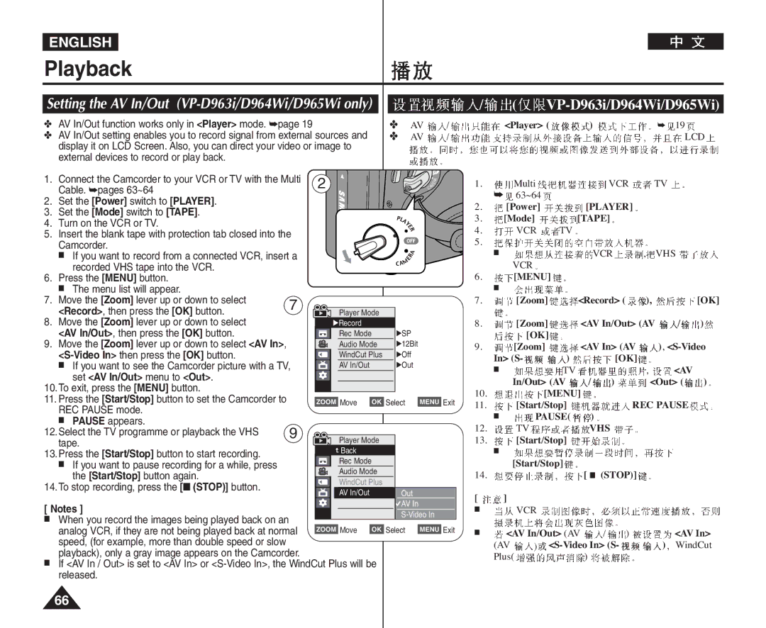 Samsung VP-D964Wi manual Set AV In/Out menu to Out 