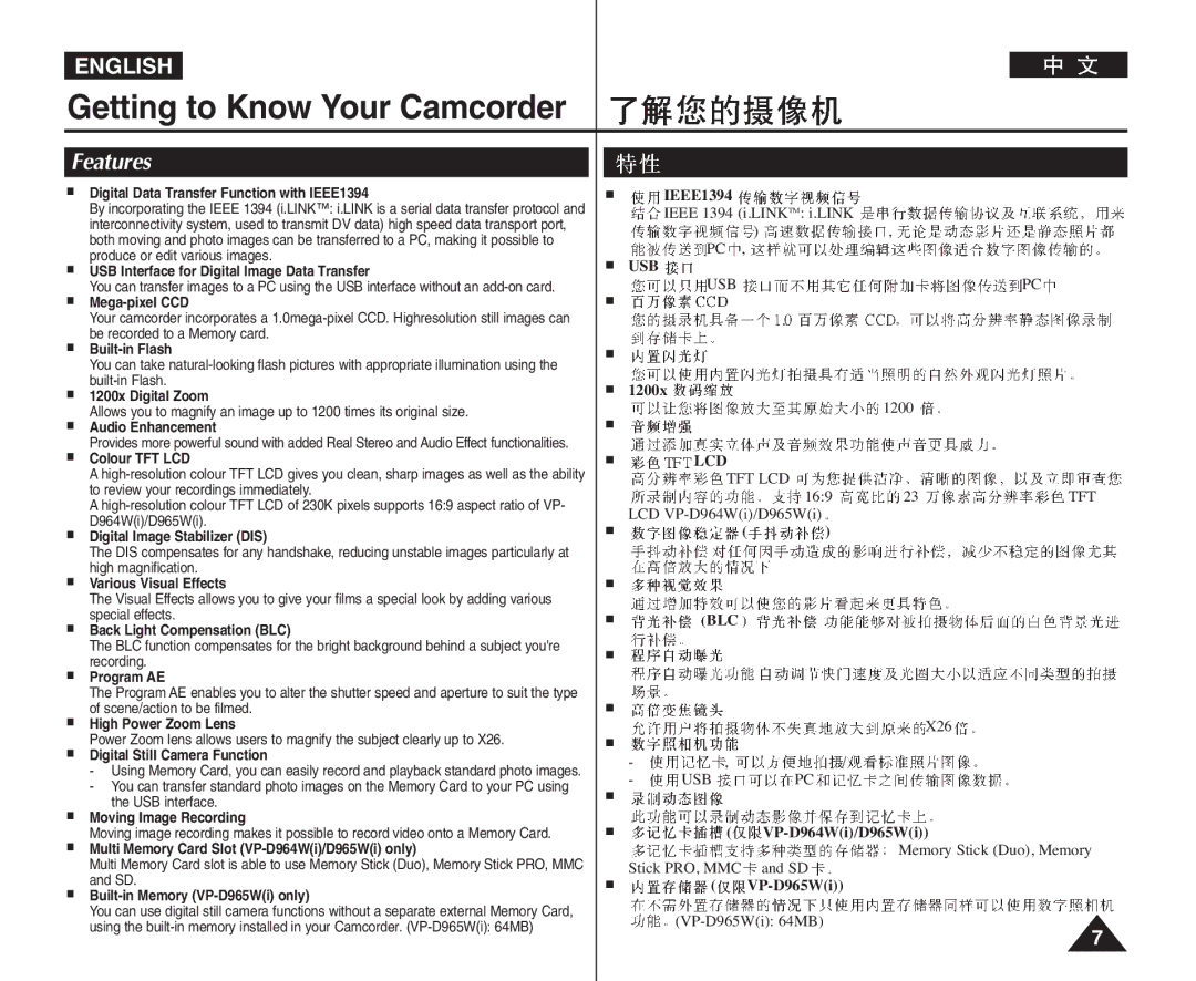 Samsung VP-D964Wi manual Getting to Know Your Camcorder, Features 